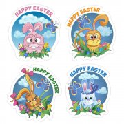 Set sticker with rabbit and text happy Easter